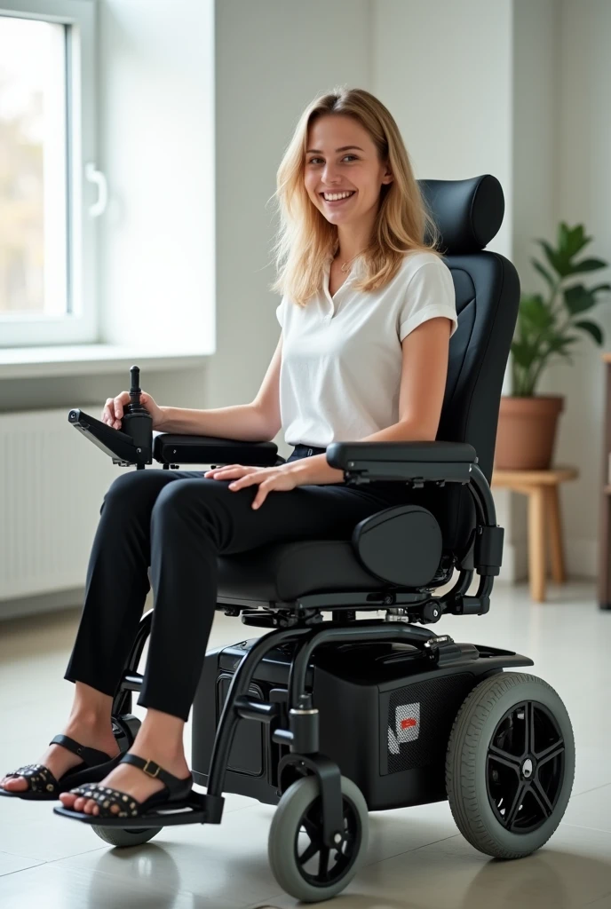 Young white woman sitting in power wheelchair