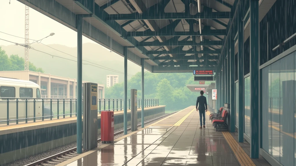 japanese train station, no people, rain, day, In the style of Makoto Shinkai。master piece, ultra detail, precision, ultra-realistic,