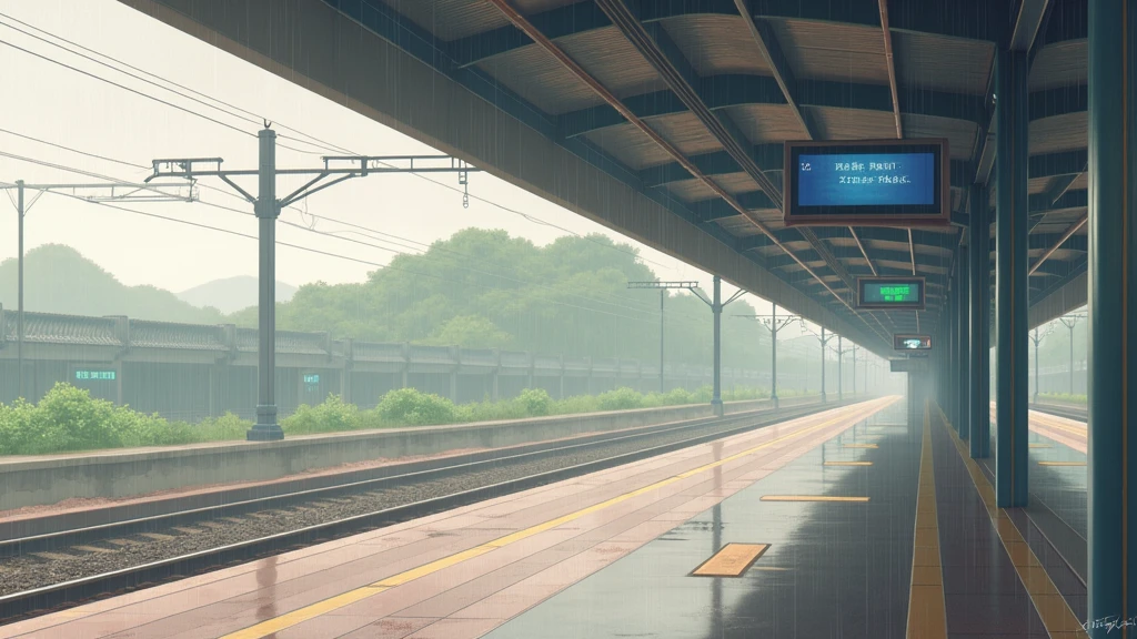   japanese train station, no people, rain, day, In the style of Makoto Shinkai。master piece, ultra detail, precision, ultra-realistic,

