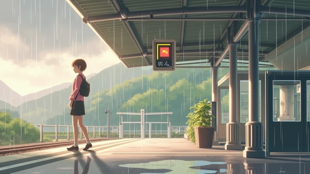 japanese train station, no people, rain, day, In the style of Makoto Shinkai。master piece, ultra detail, precision, ultra-realistic,