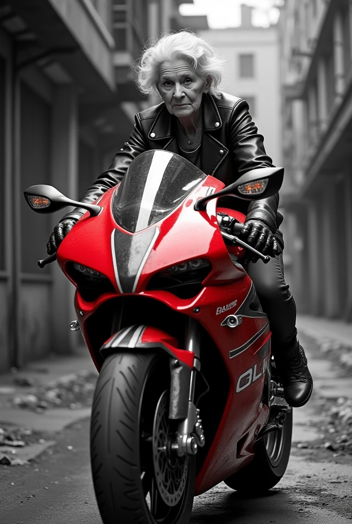 image noir et blanc, moto en couleurs, mamy fait de la moto. photorealisme, style analog