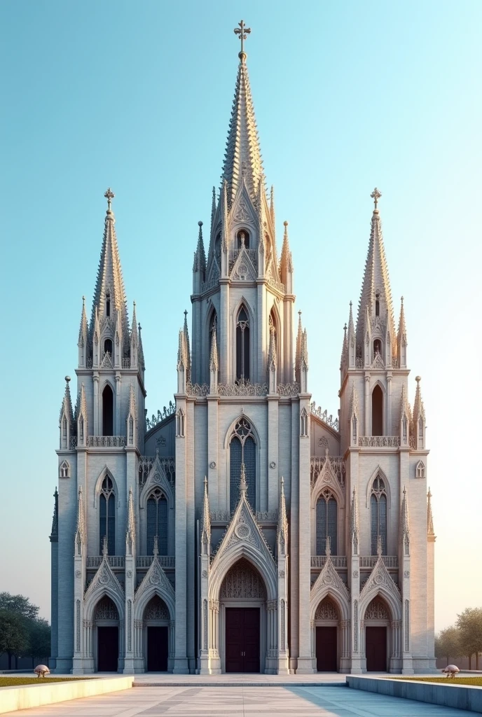 Create an image that looks good in different sizes for social networks of a monument in Spain The Cathedral of Palma de Mallorca and León where the ground can be seen and the monument can be seen from the front with a light blue gradient