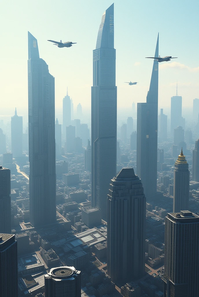 New York and Manhattan in 2047, the mix of futuristic building and modern and  with skyscrapers aeroplane view