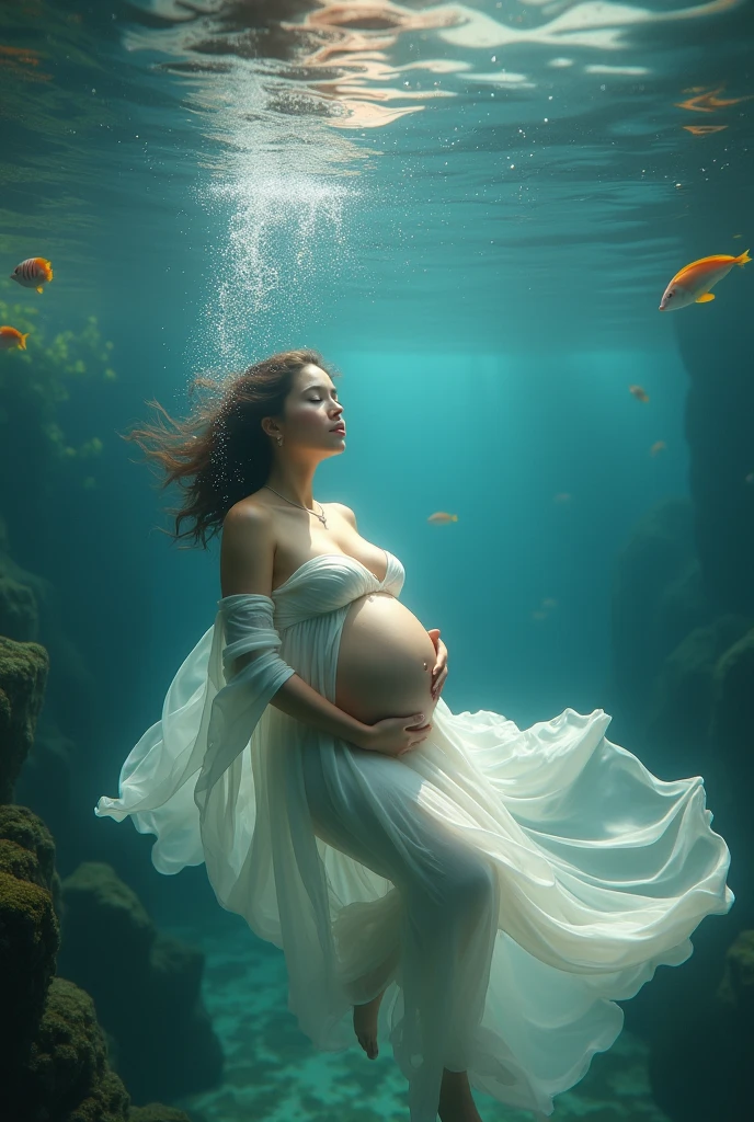 Women maternity underwater, hyperrealistic, underwater reflection effect, underwater ecosystem