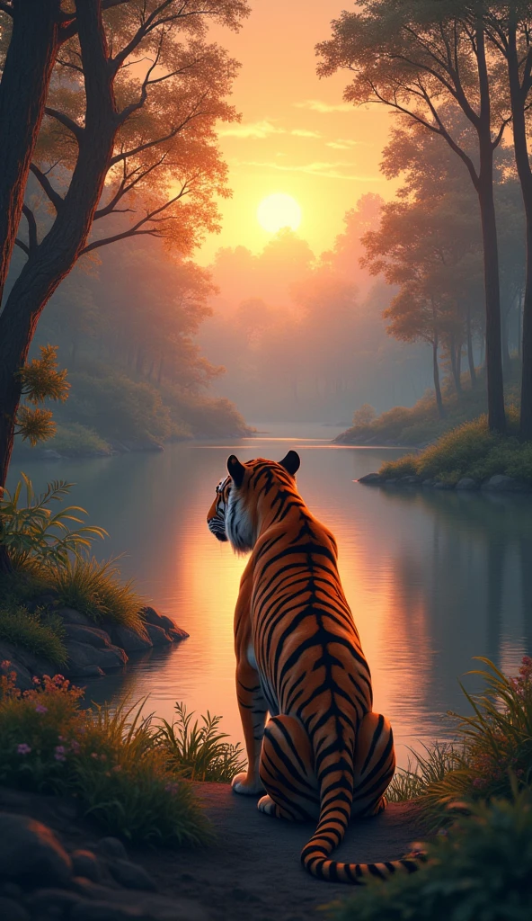 Tiger calmly watching the forest at sunset, its paws on the edge of a serene lake that reflects the orange sky, Atmosphere of Tranquility and Reflection, Digital illustration with warm color palette and soft light effects, --ar 16:9 --v 5