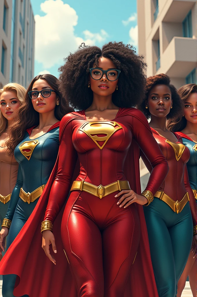 Women in superhero costumes, One wears glasses, a chubby girl, one black and two brown