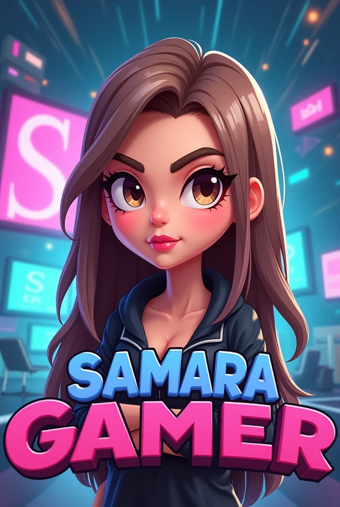 Create a kids logo for a YouTube channel , with an avatar of an imposing woman with straight light brown hair at shoulder length, Oval face,  light brown eyes with pink lips,  and with the name Samara Gamer on a virtual game background like touch mouth without being sensual 