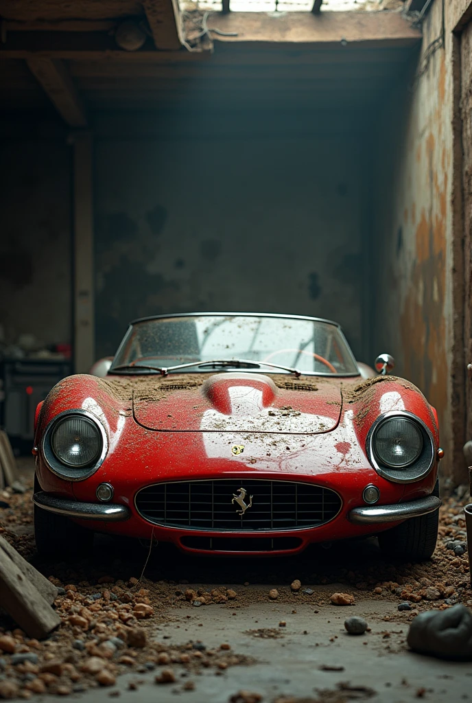 A Ferrari stored in a very dirty garage and the car also dusty and dirty 