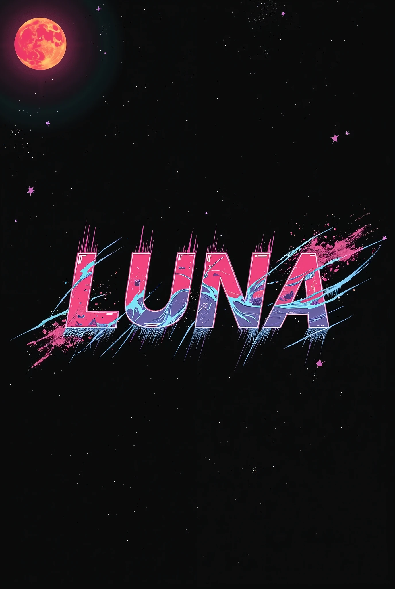 High resolution, logo spelling swiftly “Luna” cool, Jdm theme, anime theme, Cyberpunk vibe name spelling, brand logo, logo for tshirt, brand logo “LUNA”, neon vibes, acid trip vibes, acid trip, shooting stars, acid trip inside “LUNA”, acid trip, hallucinations inside “LUNA”, Waves of hallucinations, splash, waves of futuristic hallucinations, futuristic wave, stars in the background, red strange moon, waves of despair, black,  waves of blue water, 