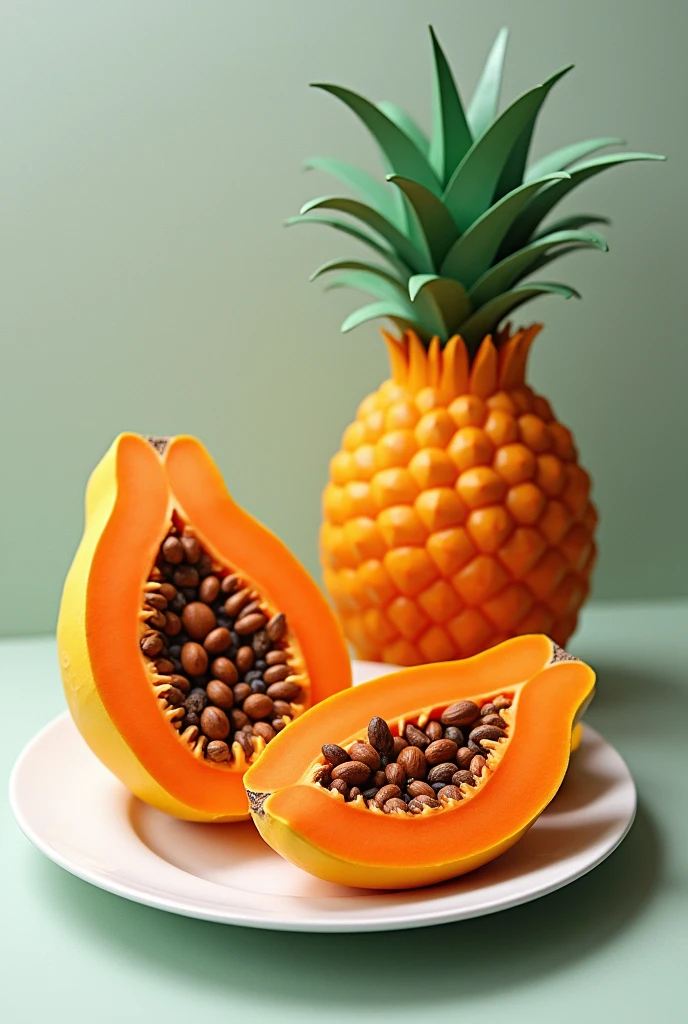 papaya seeds on a plate, masterpiece, all in three dimensional paper art、(Almond Shapes);1.9、(Three-dimensional paper-cut art.、colorful):1.9