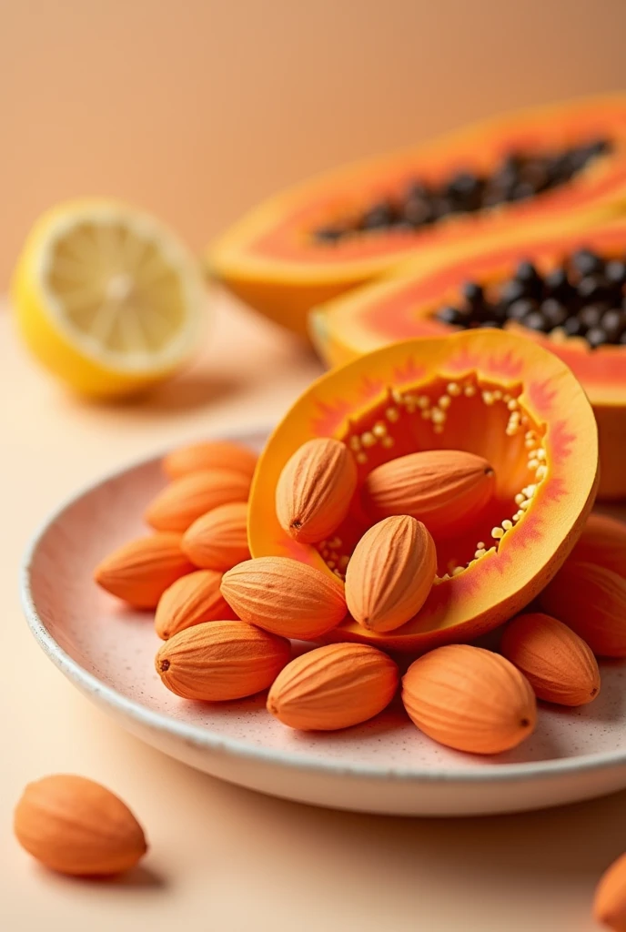 papaya seeds on a plate,  masterpiece, all in three dimensional paper art、(Almond Shapes);1.9、(Three-dimensional paper-cut art.、colorful):1.9
