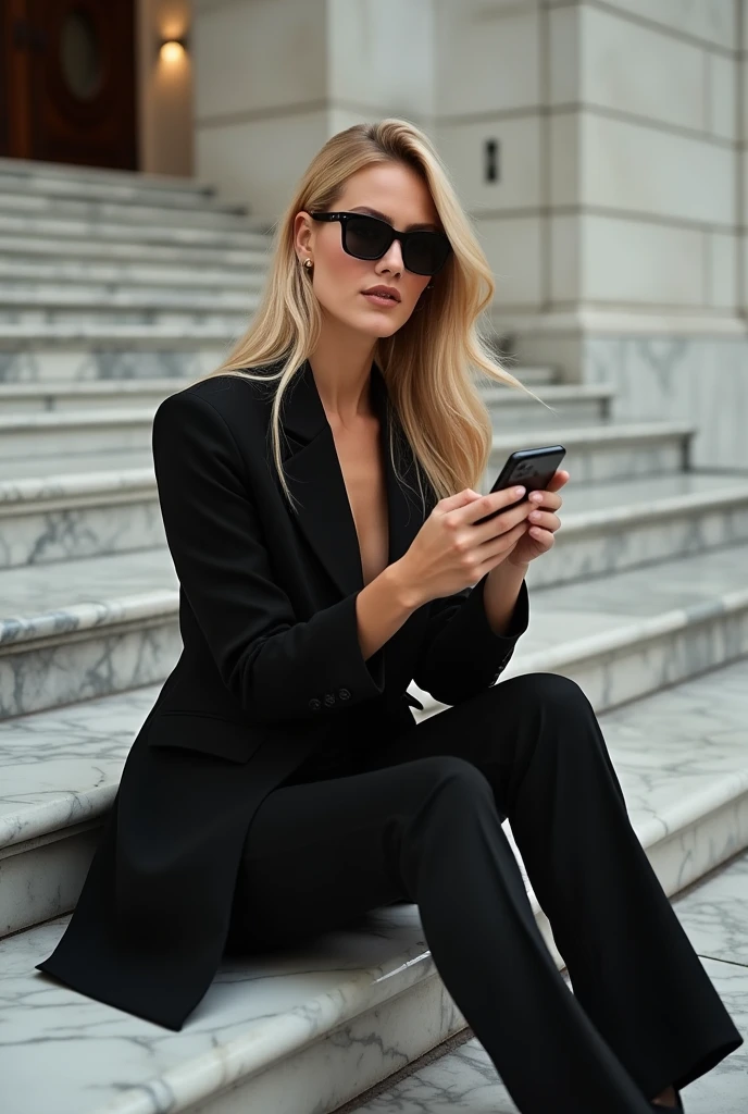 fashion photoshoot, kira is a blonde model, In the photo Kira is full body, wearing a black suit, sunglasses, sitting on a marble staircase using her cell phone