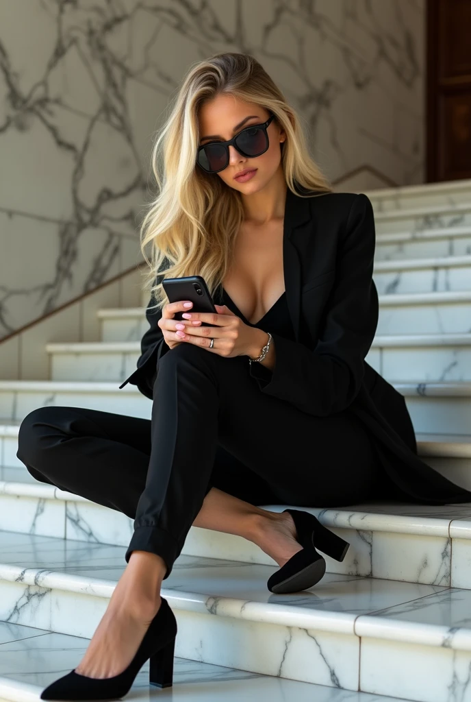 fashion photoshoot, kira is a blonde model, In the photo Kira is full body, wearing a black suit, sunglasses, sitting on a marble staircase using her cell phone