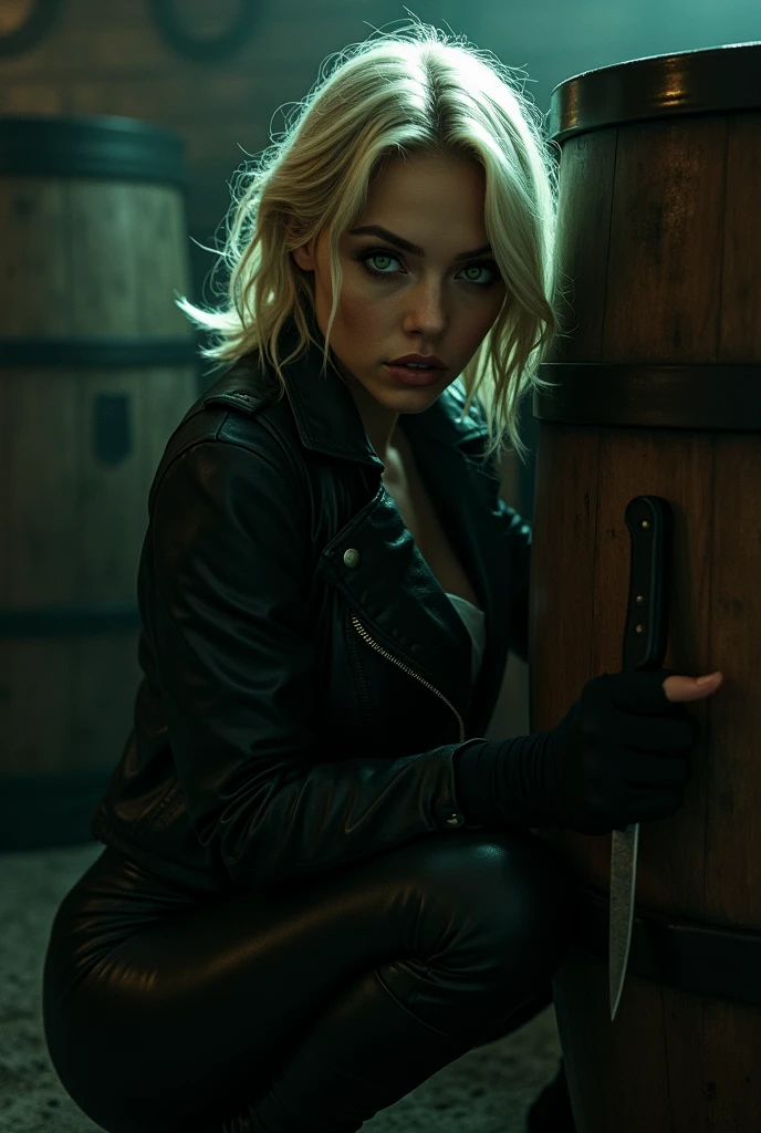 Beautiful, white, young woman, shoulder length blonde hair, green eyes, wearing black leather jacket, arms fully covered in black bandages, wearing black leather pants, wearing black leather boots, hiding behind large barrels in a very dimly lit bar, holding a knife