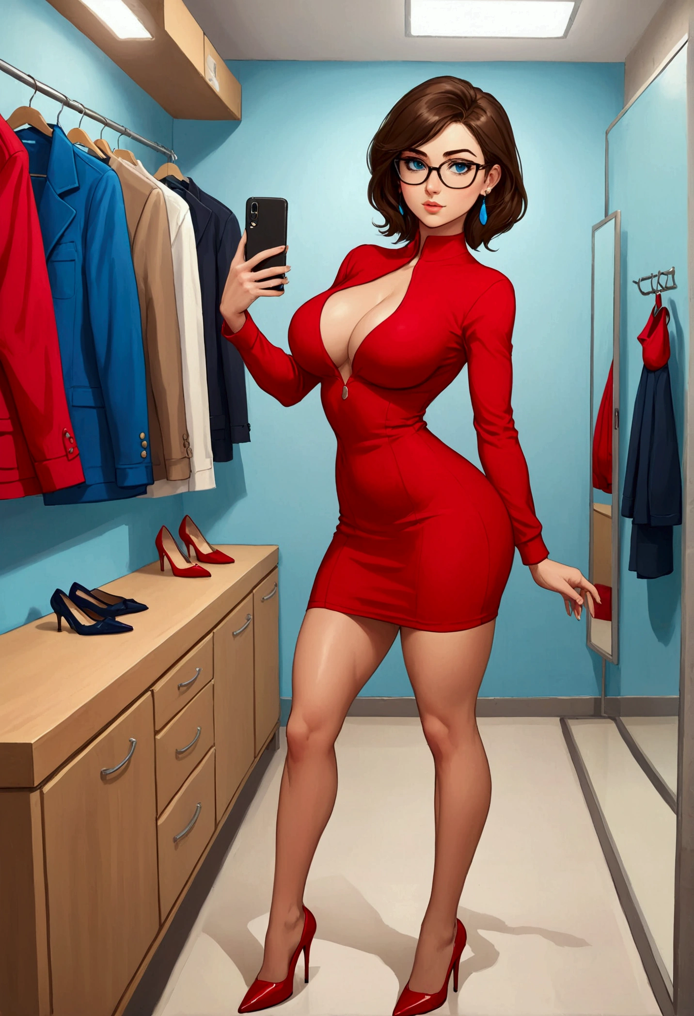 20 years old woman, Short brown hair, Mediterranean with blue eyes, Generous and heavy breasts, slender waist, definition of l&#39;estomac, fesses rebondies et pulpeuses, naturally curved, muscular thighs, aguicheuse , blue eye, lunettes, fitting room, red dress , Selfie, earrings, jacket , heels 