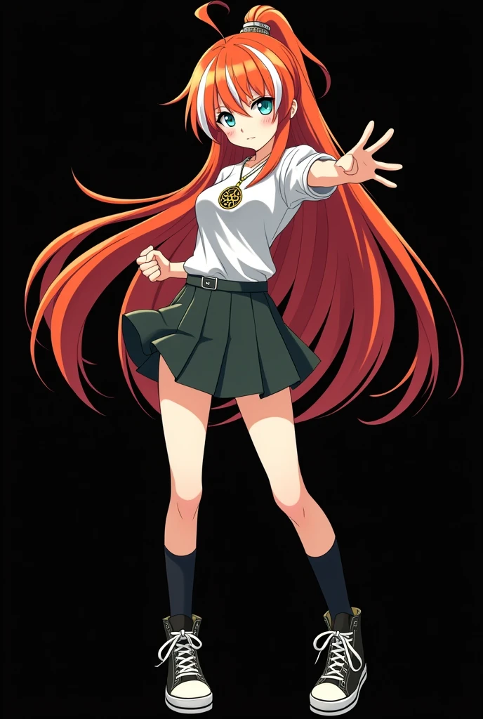 A full body image of an , personagem do anime "JUJUTSU KAİSEN", she is very beautiful, with long, straight, fire-colored hair with two white streaks highlighted in the front, framing your face. ella tem olhos verde-azulado e a pele pálida. she is a Wiccan, she is in fighting pose. she wears a pentagram necklace, skirts, beautiful women's high-top shoes and ¾-long socks. ella | drawn with animation by Gege Akutami. black backdrop.