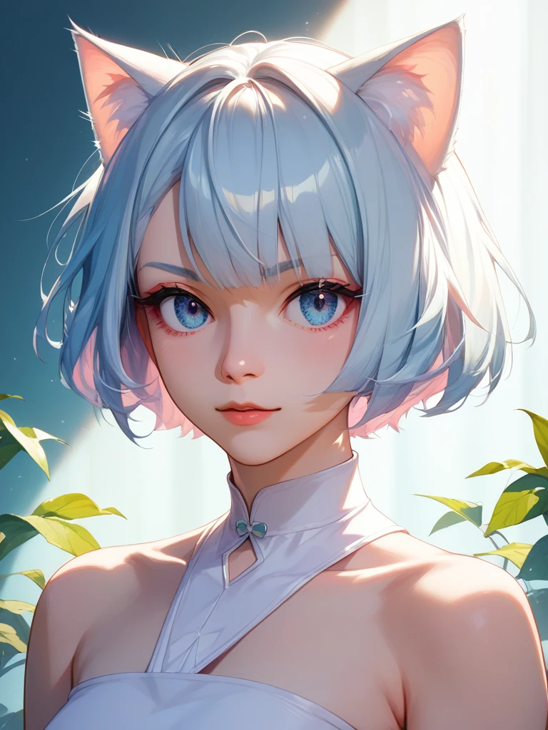 score_9,score_8_up,score_7_up,short hair,white haia charming girl with cat ears,soft pastel colors with high contrast,action lines indicating swift movement,set against the backdrop of a mystical dojo bathed in the glow of early morning sunlight filtering through shoji screens,highly,