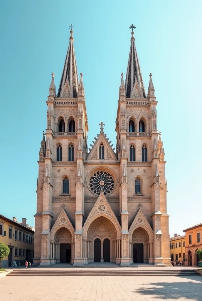 Create an image that looks good in different sizes for social networks of a monument in Spain The Cathedral of Palma de Mallorca and León where the ground can be seen and the monument can be seen from the front with a light blue gradient