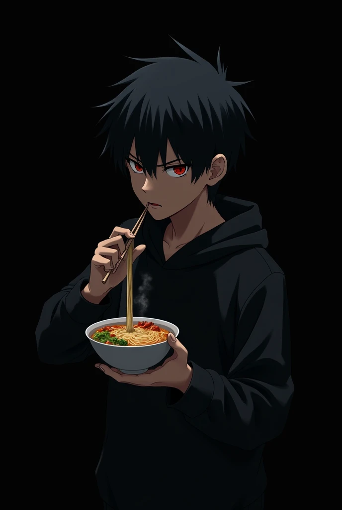 Anime boy , Spiky hair , black hair , black hoodie , red eyes , narrowed eye , eating ramen , with chopstick , blank black background , side view , standing 
