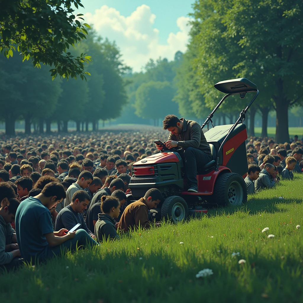 a crowd buried with their heads bowed looking at their cell phones; the top of the head comes out of the ground and is mowed down by a giant lawnmower.