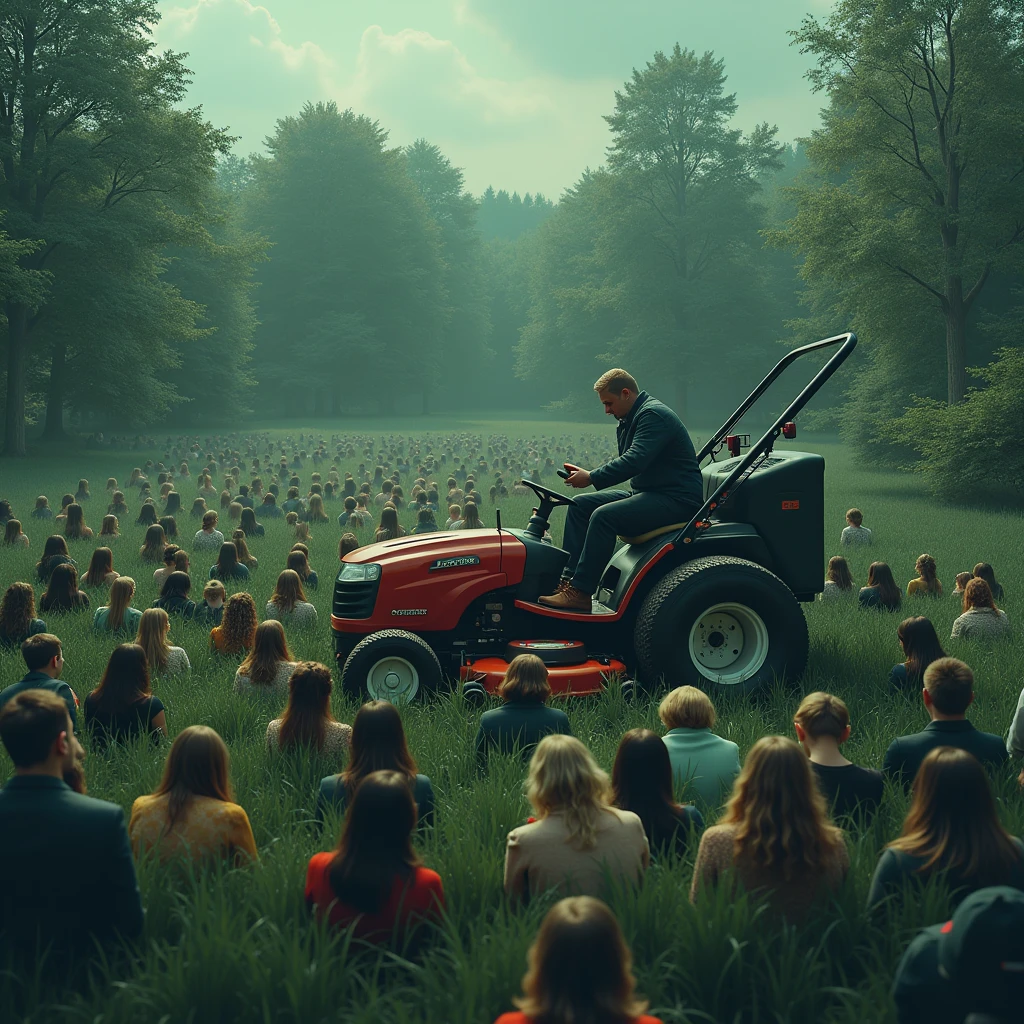 a crowd buried with their heads bowed looking at their cell phones; the top of the head comes out of the ground and is mowed down by a giant lawnmower.
