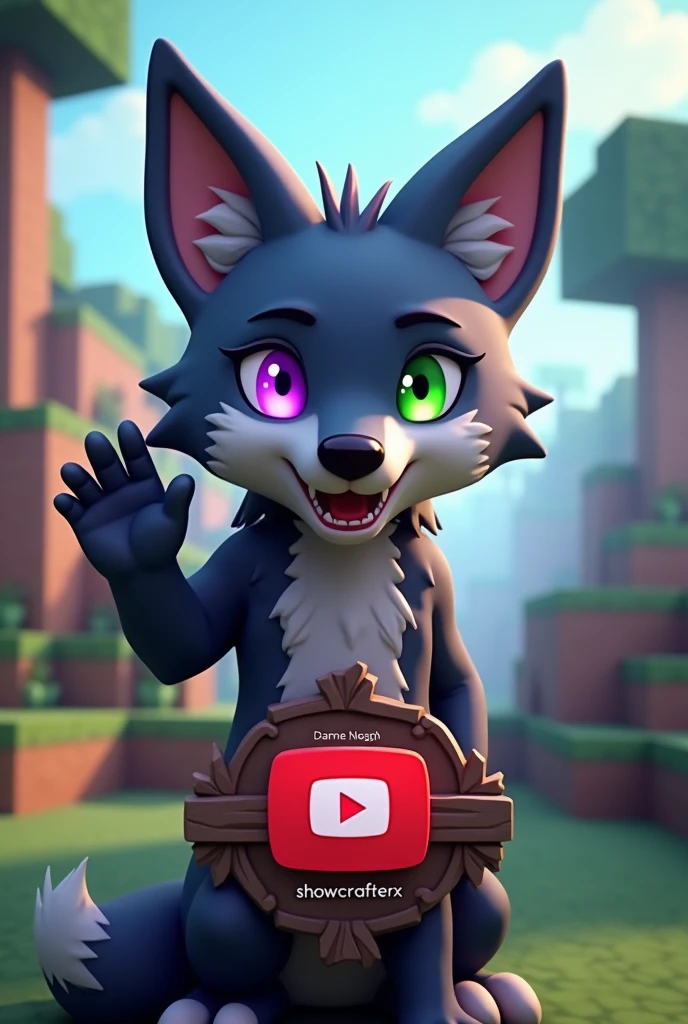 You can make a wolf with one purple eye and one pixelated green eye looking at the camera waving like Minecraft and with a YouTube badge that has this name SHOWCRAFTERX well done that looks