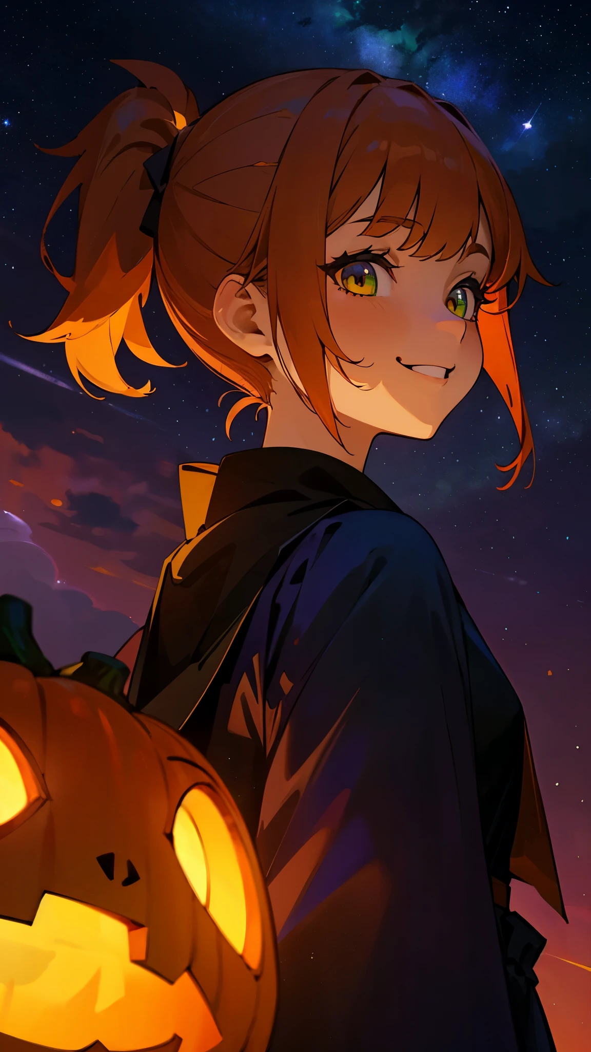 1 Girl、1、Orange Hair、glowing green eyes、Side Ponytail、Jack O'Lantern、Halloween、smile、smile、From the side、Upper body close-up、Colorful starry sky、Iridescent aura、Purplish color、Outdoor、Shadow lighting