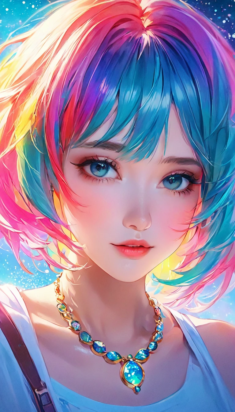 a close up of a woman with colorful hair and a necklace, anime girl with cosmic hair, rossdraws pastel vibrant, artwork in the style of guweiz, fantasy art style, colorful]”, vibrant fantasy style, rossdraws cartoon vibrant, cosmic and colorful, guweiz, colorfull digital fantasy art, stunning art style, beautiful anime style