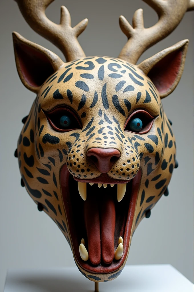 The Nahual Mask is part coyote on the right side, part jaguar on the left side and top part deer with open mouth showing blown tongue with big fangs