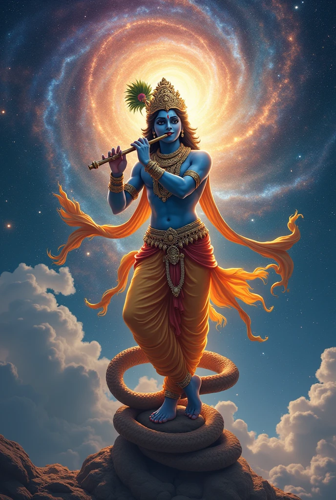 (Long shot of a better masterpiece cute smiling) Lord Sri Krishna smiling in his universal avatar playing flute dancing on a 7 headed serpant with whole universe inside his eyes HD colorful and beautiful 