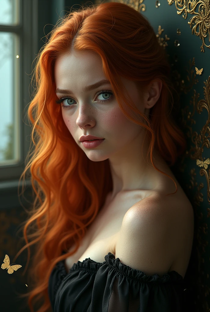 (solo, full body photo:1.3), (action packed:1.3), (haze, fog, mist:1.3), chiaroscuro, best quality, photorealistic, 1woman, (cute), (24yo:1.2), redhead, long ginger hair highly detailed, 1700'S, digital photography, art by artgerm and ruan jia and greg rutkowski surreal painting gold erfly filigree, broken glass, (masterpiece, sidelighting, finely detailed Fashionable eyes: 1.2) (perfect oval large eyes that gazes at the viewer), beautiful detailed face, blue gorgeous perfect eyes, (blonde hair ponytail), (attractive young woman:1.3), (thick amazing hair), (seductive:1.1), (blushing:1.1)