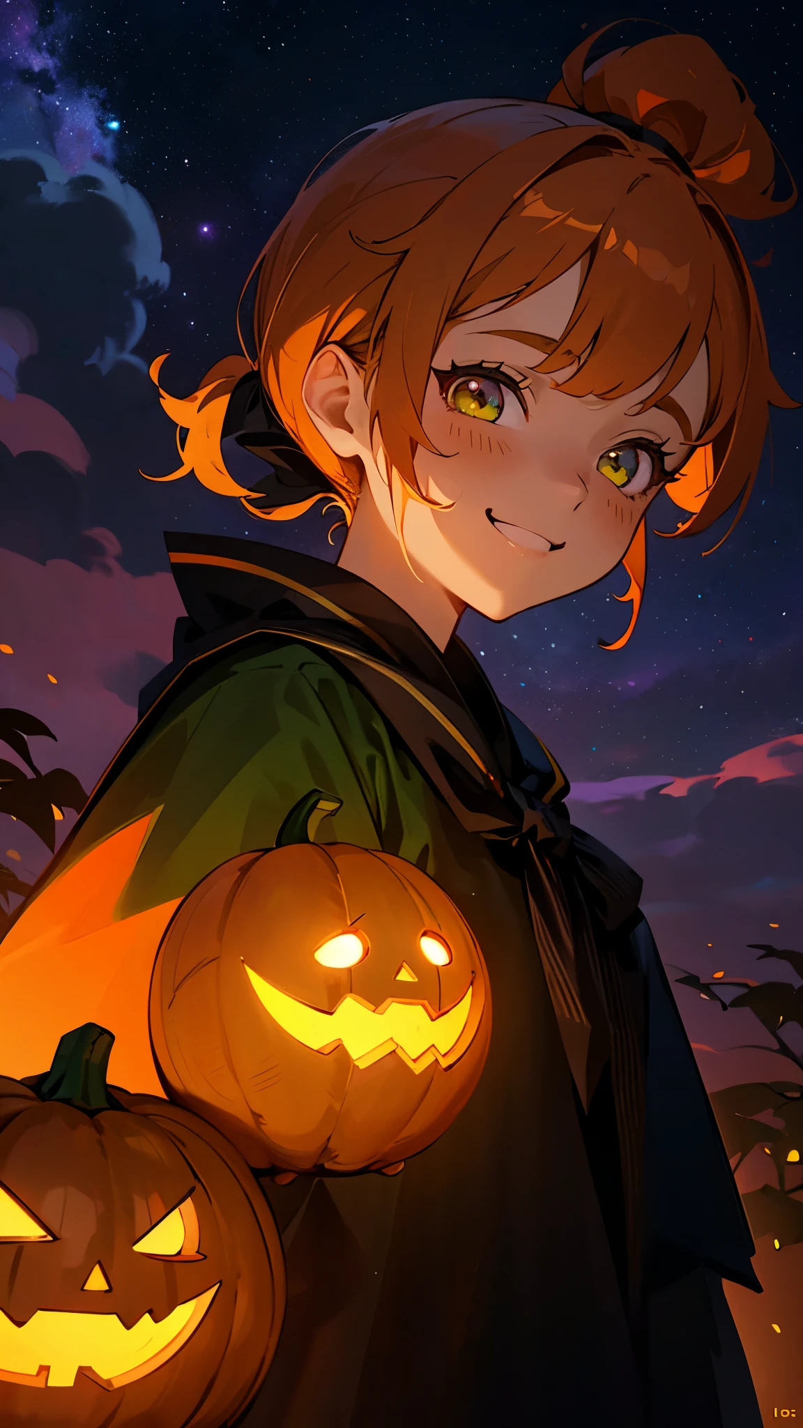 1 Girl、1、Orange Hair、glowing green eyes、Side Ponytail、Jack O'Lantern、Halloween、smile、smile、From the side、Upper body close-up、Colorful starry sky、Iridescent aura、Purplish color、Outdoor、Shadow lighting
