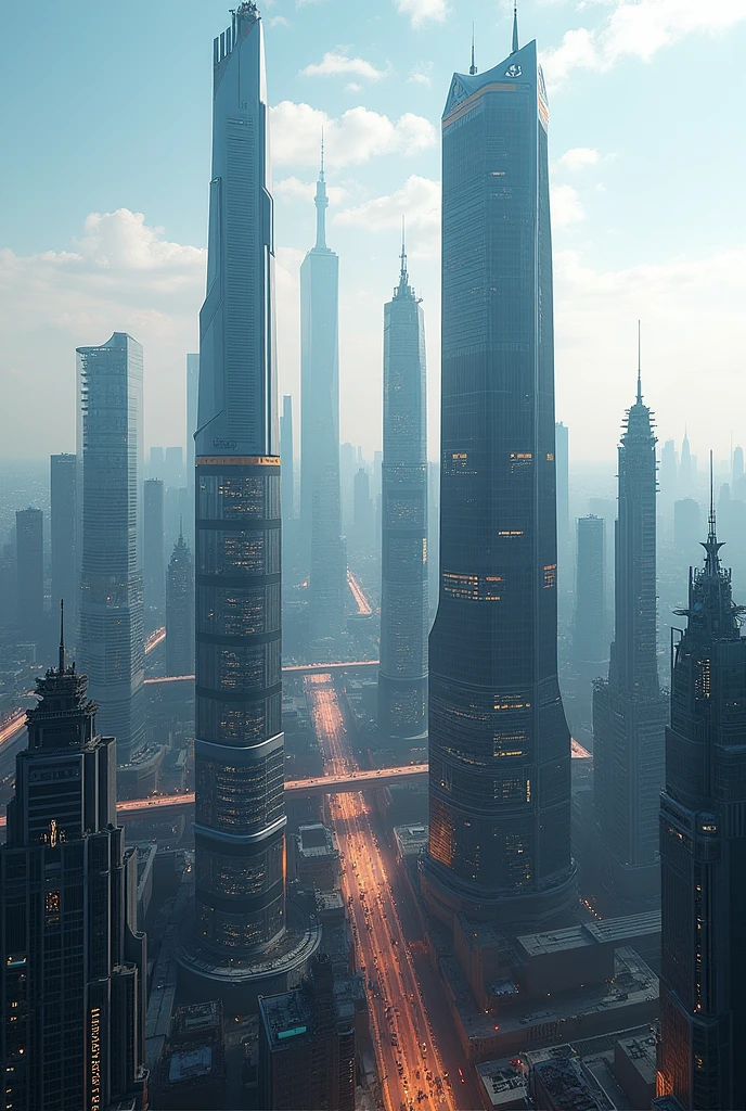 New York and Manhattan in 2047, the mix of futuristic building and modern and with skyscrapers satellite view