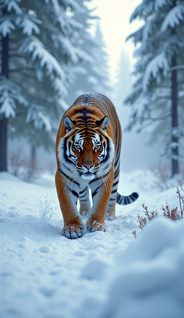 Tiger walking through the deep snow of a boreal forest, breath visible in the cold air, surrounded by tall, ice-covered trees, feeling of resistance and survival, Digital art with realistic detail rendering and cool tones, --ar 16:9 --niji