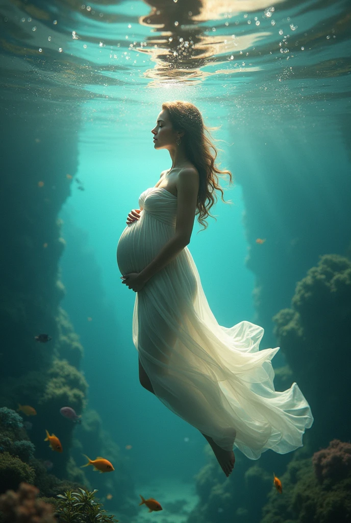 Women maternity underwater, hyperrealistic, underwater reflection effect, underwater ecosystem