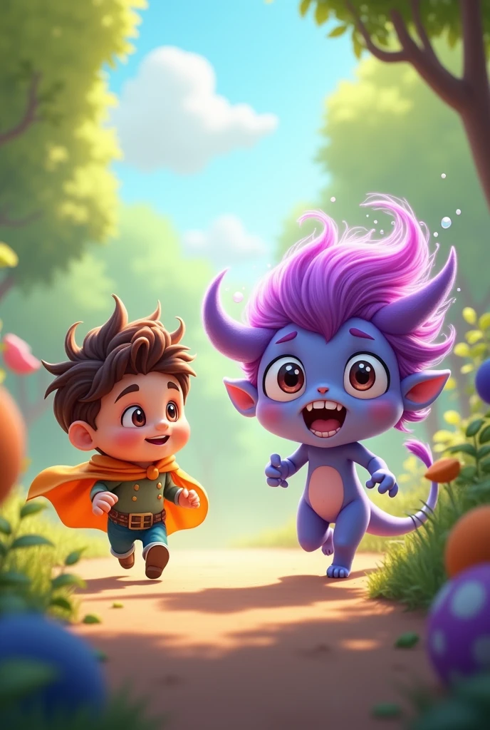 The cute little hero and the little purple-haired monster are chasing each other