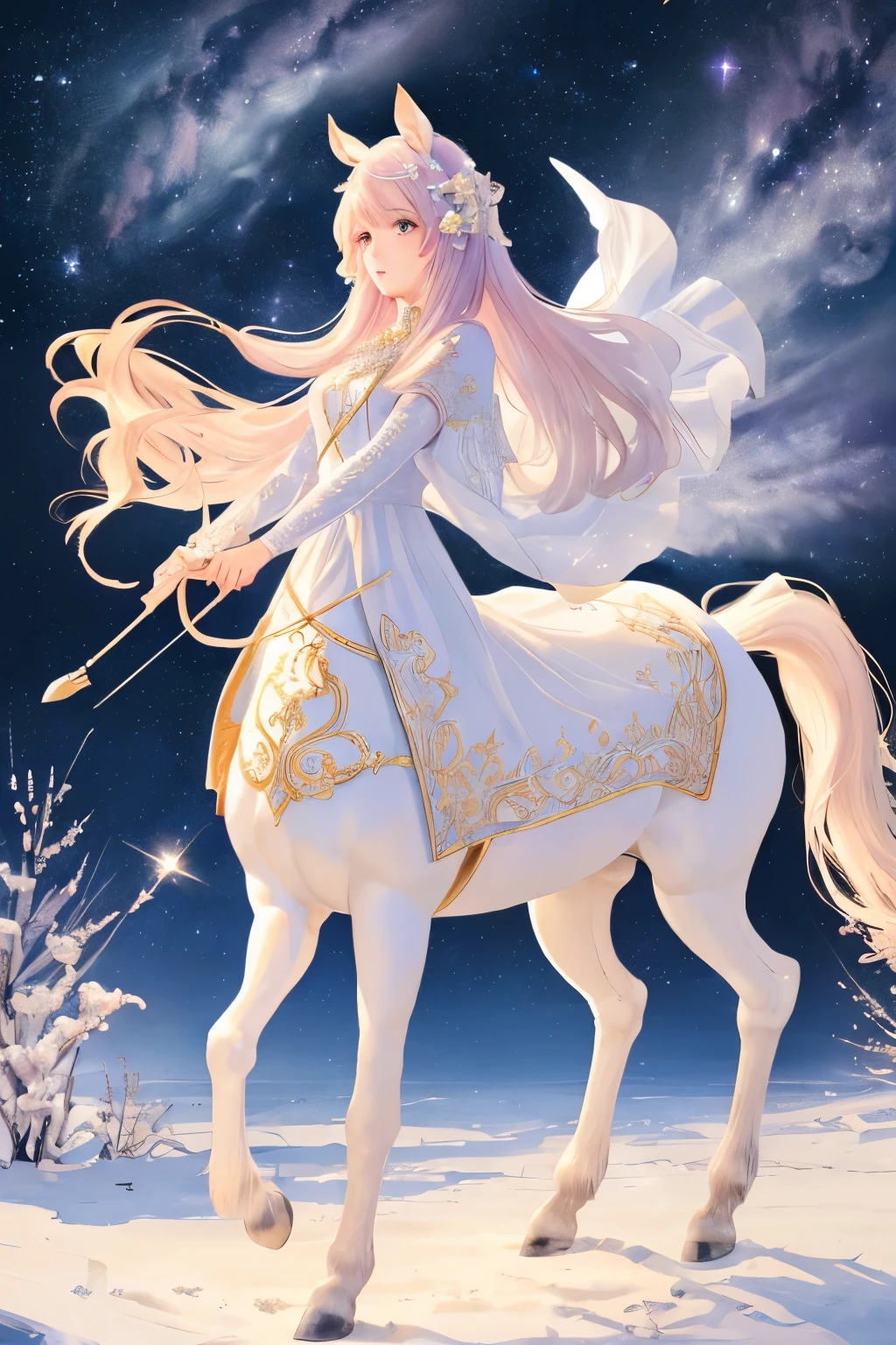 (Highest quality, masterpiece, High resolution), ((Fantasy))、 (Girl Centaur:1.2)、(A cute girl with a horse-like lower body:1.2), (Beautiful Face)、Beautiful Hair、The starry sky adorns her hair, Translucent dress, white royal dress, Elegant white dress, Fantasy Dress, Elegant Dresses, Magical Dress, Romantic Dresses, intricate Fantasy Dress, with shining flowers、meteor, milky way, Star Cloud, embroidery, Backlight、amazing splash、 bright,