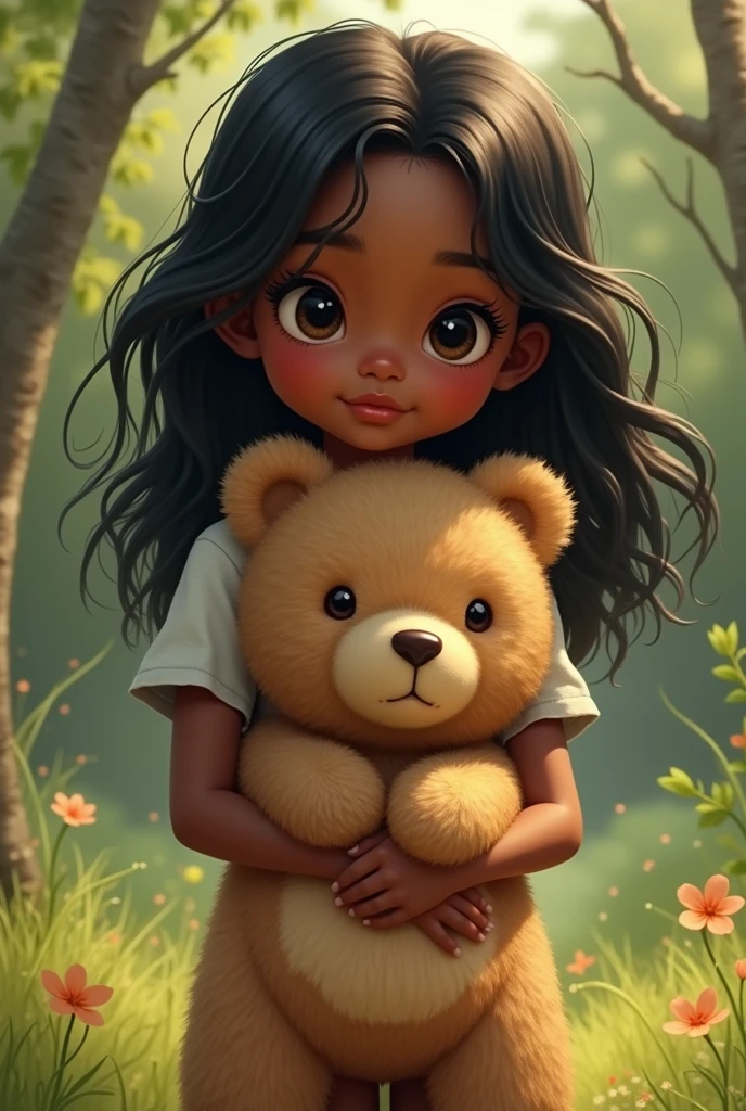 Hello, I need to generate an image of a with dark skin and black hair, backstand holding a teddy bear in her hand.