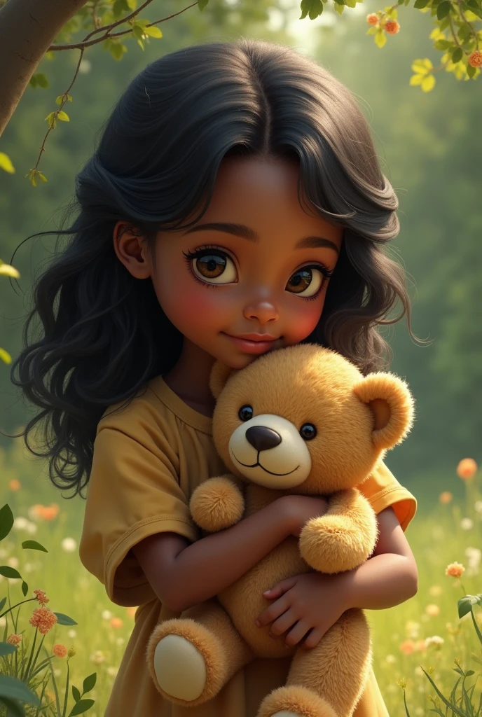 Hello, I need to generate an image of a with dark skin and black hair, backstand holding a teddy bear in her hand.