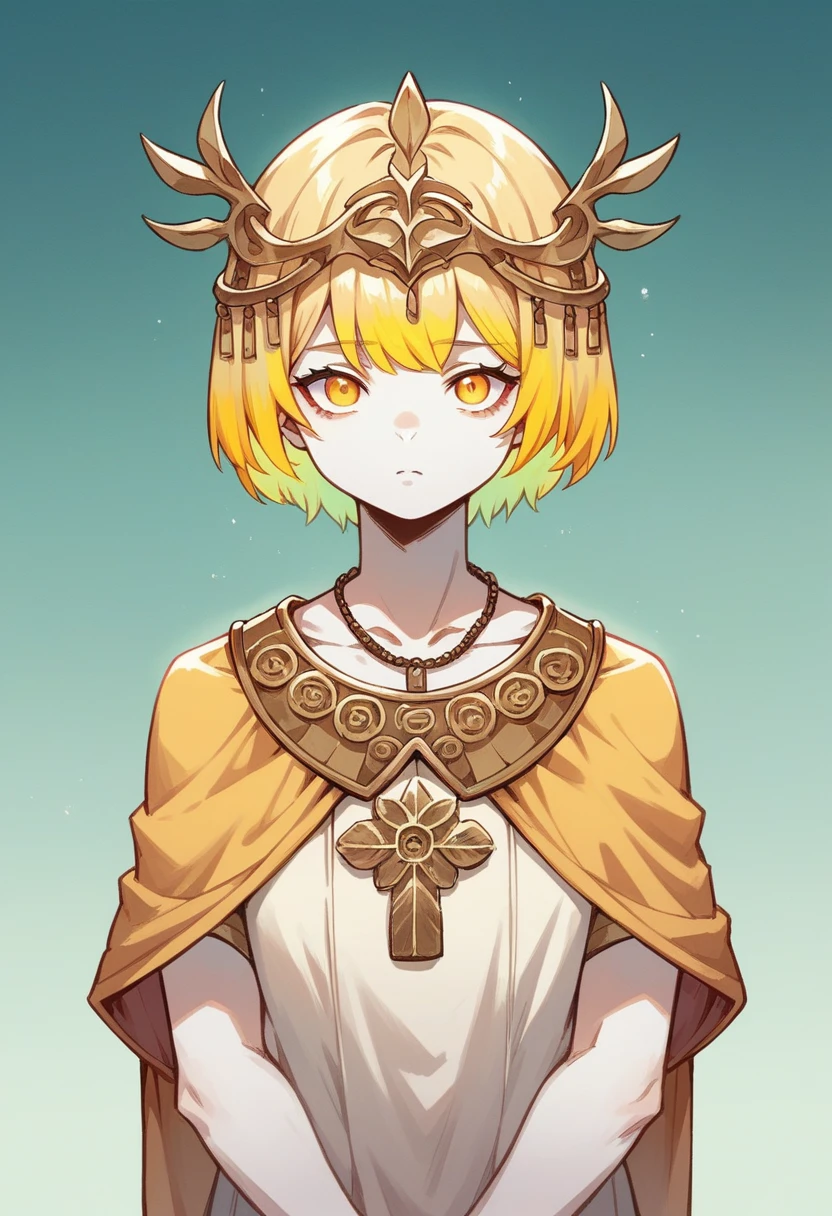 Anime with white skin color, with short hair with straight bangs, with yellow highlights, honey colored eyes, wearing a yellow and gold floral dress with griffin symbols, a griffin headpiece, and a griffin necklace