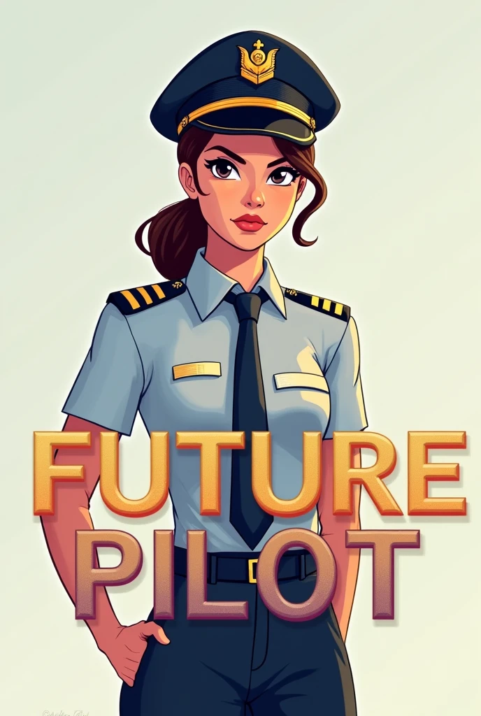 Create a wallpaper for phone which contains a female commercial pilot with light couloured background and in bold coloured font and textured form " Future Pilot " should be written in English wallpaper for phone 