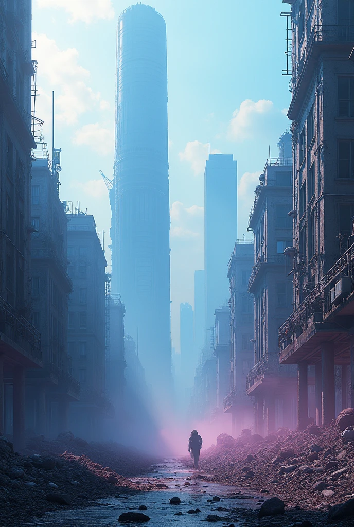 postapocaliptic city in light blue and light pink colours