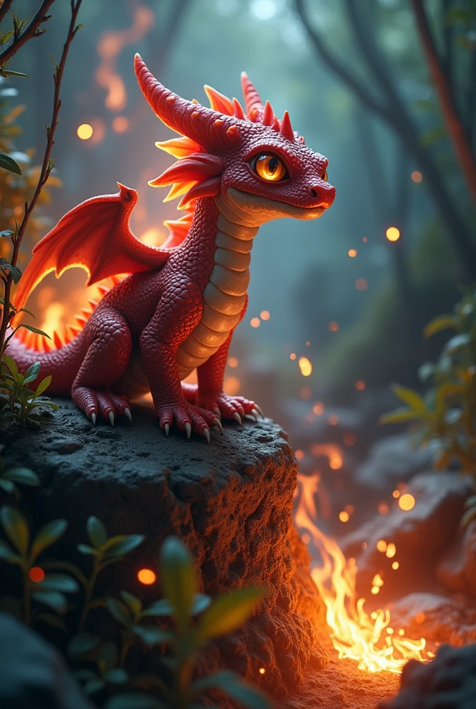 créé une photo réaliste d'un bébé dragon (peau du dragon ultra texturé et détaillé) crachant du feu. le bébé dragon est perché sur un rocher rougeâtre brique dans une forêt très luxuriante faite de grand arbres de lianes, fougères et rochers rouge. L'arrière-plan est rempli de grands arbres. De la fumée sort de la bouche du bébé dragon. Le rocher est recouvert de plantes bioluminescentes. L'image globale dégage une atmosphère mystique et surnaturelle. photographie professionnelle, ultra cinématographique, ultra détaillé, ultra réaliste, 8k
