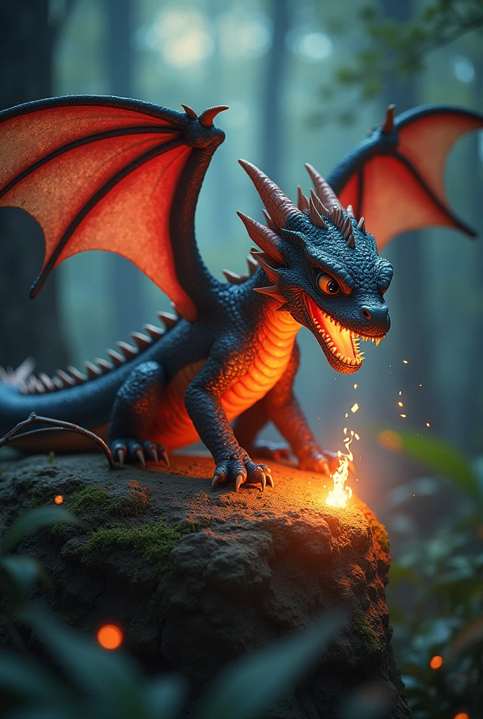 créé une photo réaliste d'un bébé dragon (peau du dragon ultra texturé et détaillé) crachant du feu. le bébé dragon est perché sur un rocher rougeâtre brique dans une forêt très luxuriante faite de grand arbres de lianes, fougères et rochers rouge. L'arrière-plan est rempli de grands arbres. De la fumée sort de la bouche du bébé dragon. Le rocher est recouvert de plantes bioluminescentes. L'image globale dégage une atmosphère mystique et surnaturelle. photographie professionnelle, ultra cinématographique, ultra détaillé, ultra réaliste, 8k