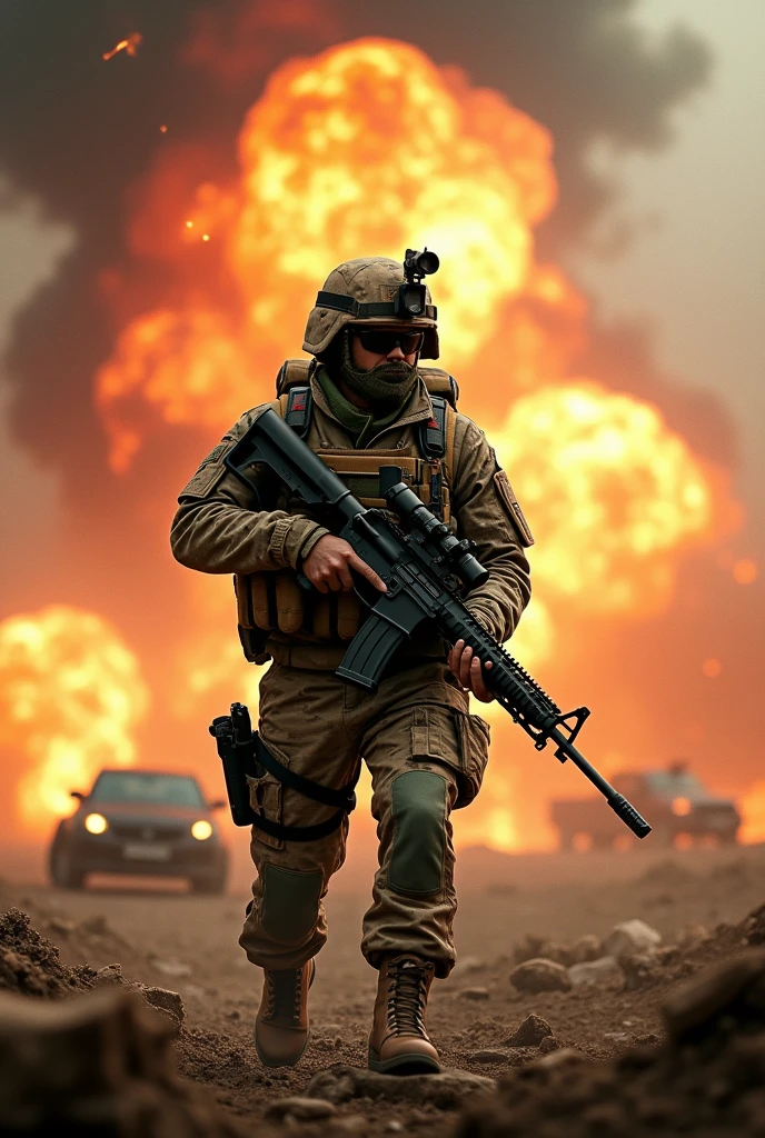 Photorealism 1.4 realistic realism high detailed definition create for me movie poster 6 commando on the centre background explosion shooting action smoke effect with backpack woodland camouflage uniform M4 carbine rifle with scope