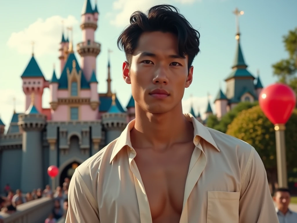 Japanese, 25-30 years old, Handsome and elegant, wearing y shirt , Masculine and handsome,muscular,Muscles look good, fair skin, black eyes(thin eyes 1:3), Full body image,(Super detailed, Realistic, best quality, 4K, 8k, High resolution, masterpiece:1.3), Unbutton your shirt, The background is Disneyland