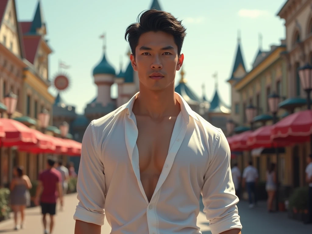 Japanese, 25-30 years old, Handsome and elegant, wearing sexy shirt , Masculine and handsome，muscular，Muscles look good， fair skin, black eyes（thin eyes 1：3), Full body image,(Super detailed, Realistic, best quality, 4K, 8k, High resolution, masterpiece:1.3),  Unbutton your shirt,  The background is Disneyland