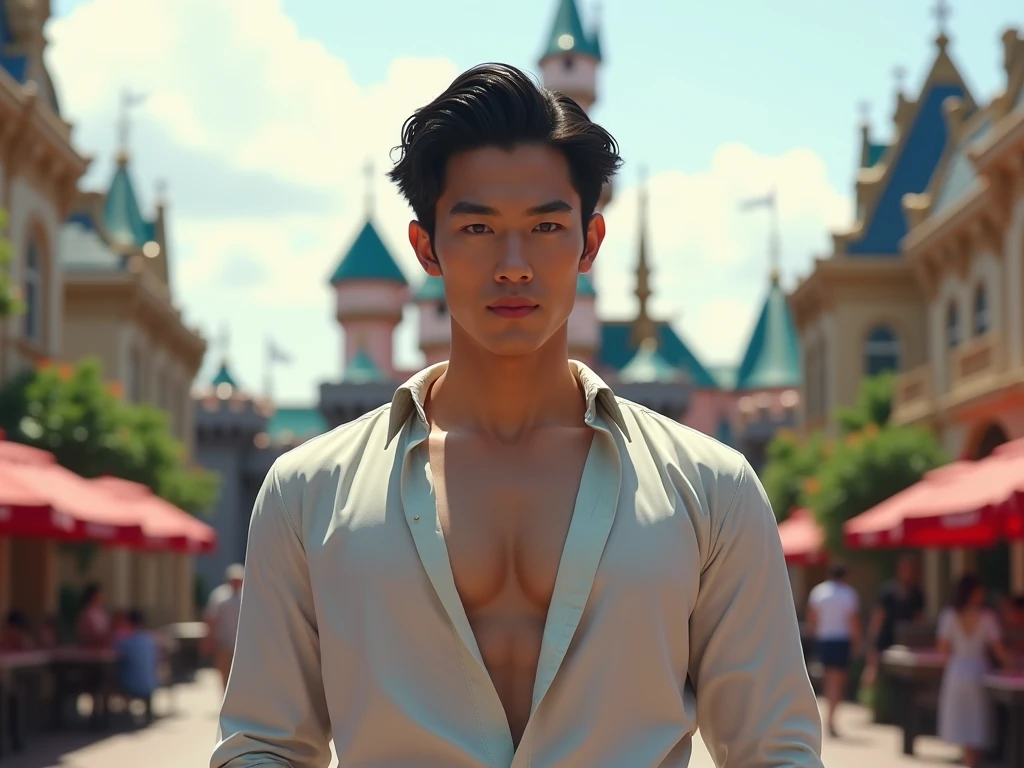 Japanese, 25-30 years old, Handsome and elegant, wearing sexy shirt , Masculine and handsome,muscular,Muscles look good, fair skin, black eyes(thin eyes 1:3), Full body image,(Super detailed, Realistic, best quality, 4K, 8k, High resolution, masterpiece:1.3), Unbutton your shirt, The background is Disneyland