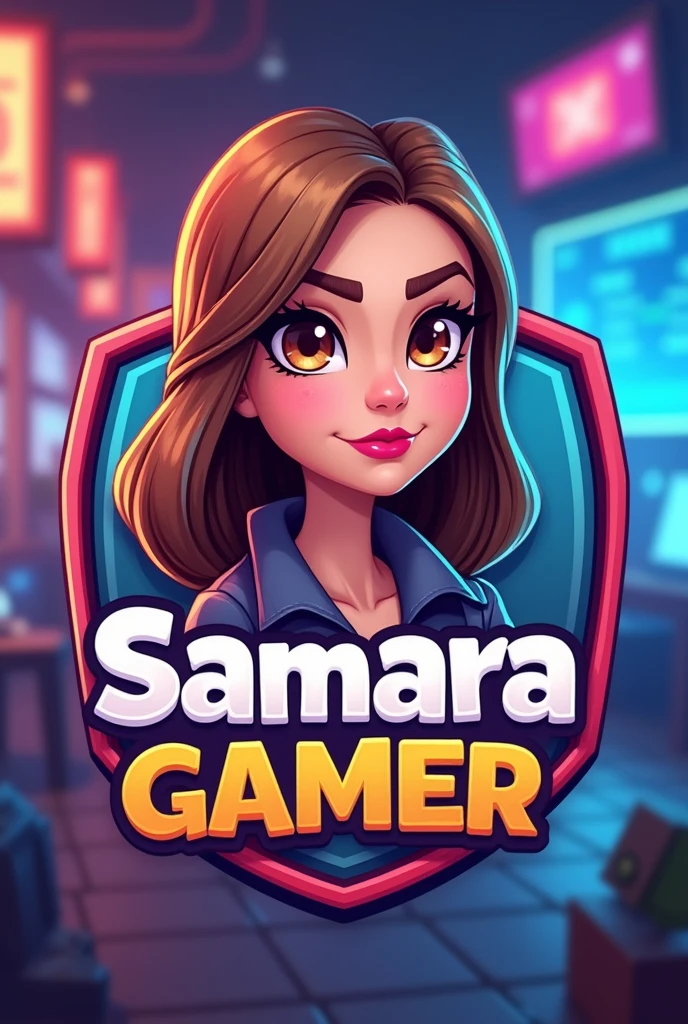 Create a kids logo for a YouTube channel , with an avatar of an imposing woman with straight light brown hair at shoulder length, Oval face, light brown eyes with pink lips, and with the name Samara Gamer on a virtual game background like touch mouth without being sensual