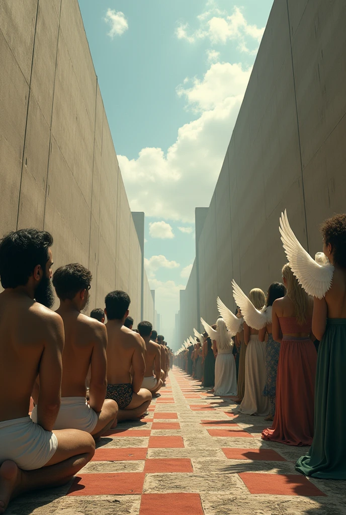 There is a high wall separating two groups, on one side, strong, bearded Iranian men pray kneeling in their underwear and Islamic caps on their heads, on the other side women with winds pray standing up.